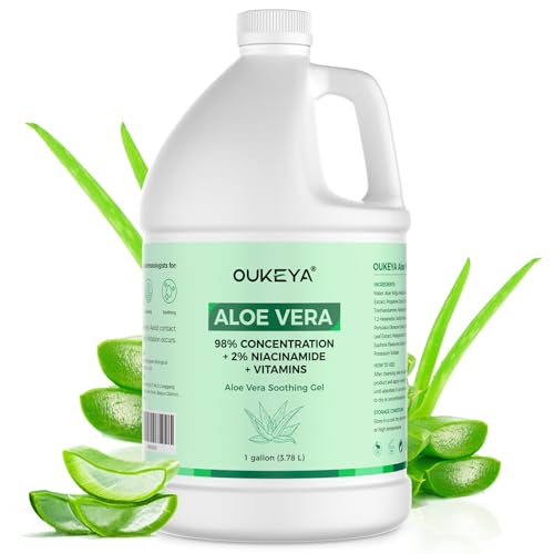 OUKEYA Aloe Vera Puro Gel 3785ml + 2% Niacinamida, Para Cara, Cuerpo y Cabello, Para Quemaduras Solares, Rojeces y Piel Seca, Calma, Refuerza La Barrera Cutánea y Dermatológicamente Testado