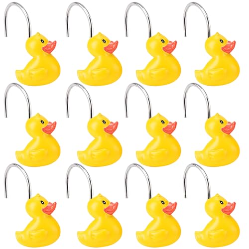 Duck Shower Curtain Hooks, 12-Pack Cute Yellow Bathroom Accessories, Duck Decor for Children's Day & Spring & Summer & Easter, Metal & Resin Curtain Hangers for Bathroom, Yellow Shower Curtain Rings