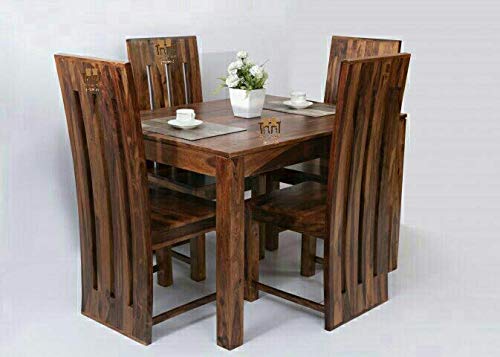 Douceur Furnitures Pure Sheesham Wood 4 Seater Dining Table with 4 Chairs | Finish:-Natural Teak |