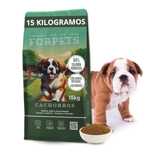FORPETS Pienso para Perros Cachorros 15KG, Comida para Perros Premium con Salmón, Pollo y Arroz Integral, Alimento Natural Perro, Pienso Premium para Cachorros, Dog Food