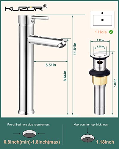 Kuzor Vessel Sink Faucet 1 Hole Single Handle Tall Bathroom Sink Faucet Chrome Bathroom Faucet With Pop Up Drain Solid Brass Faucet For Bathroom Sink #TOP4