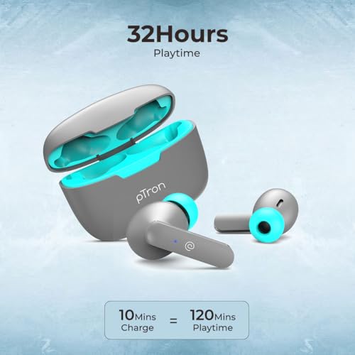 Image of pTron Basspods P81 in-Ear Wireless Earbuds, Pristine Sound, 32Hrs Playtime, Clear Calls TWS Earbuds, Bluetooth V5.1 Headphone, Type-C Fast Charging, Voice Assist & IPX4 Water Resistant (Grey)