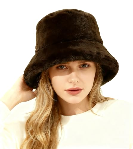 Lina & Lily Winter Pelzmütze Fischerhut Damen Herren aus Kunstfell (Dunkelbraun)