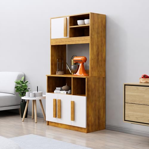 Image of Bniture Multipurpose Kitchen Cabinet | Engineered Wood Crockery Cabinet Modern with 4 Doors & Shelves | Crockery Unit for Dining Area | Kitchen Crockery Cabinet for Home | Giant Wood & Frosty White