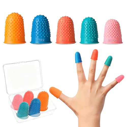 uadbau 5 PCS Rubber Finger Tips Covers Finger Protectors in 5 Colors and Sizes Reusable Silicone Thimble Great for Paperwork Money Counting Sewing Cutting and Thimbles for Hand Embroidery