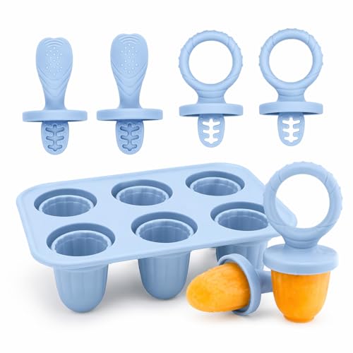 Eisformen Silikon BPA Frei 6er Mini Eis am Stiel Formen Set Silikon Eisformen mit Stiel und Tropfschutz Wiederverwendbare Eisform für Fruchtpüree & Joghurt Stieleisformen für den Sommer Graublau