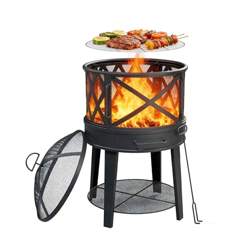 SHIYISHOPPIN 18 Inch Fire Pit with Grill, Wood Burning Fire