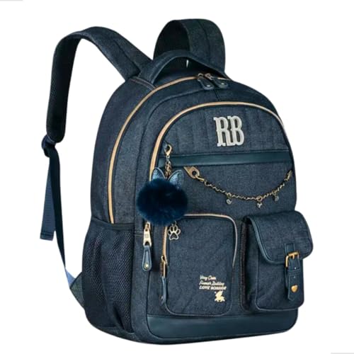 Cio Mochila De Costas Rebecca Bonbon Jeans Vintage, Poliéster Matelassê, 39x35x12 cm, 8 Compartimentos, Alça Acolchoada, Pingente Decorativo, Adolescente, 19L