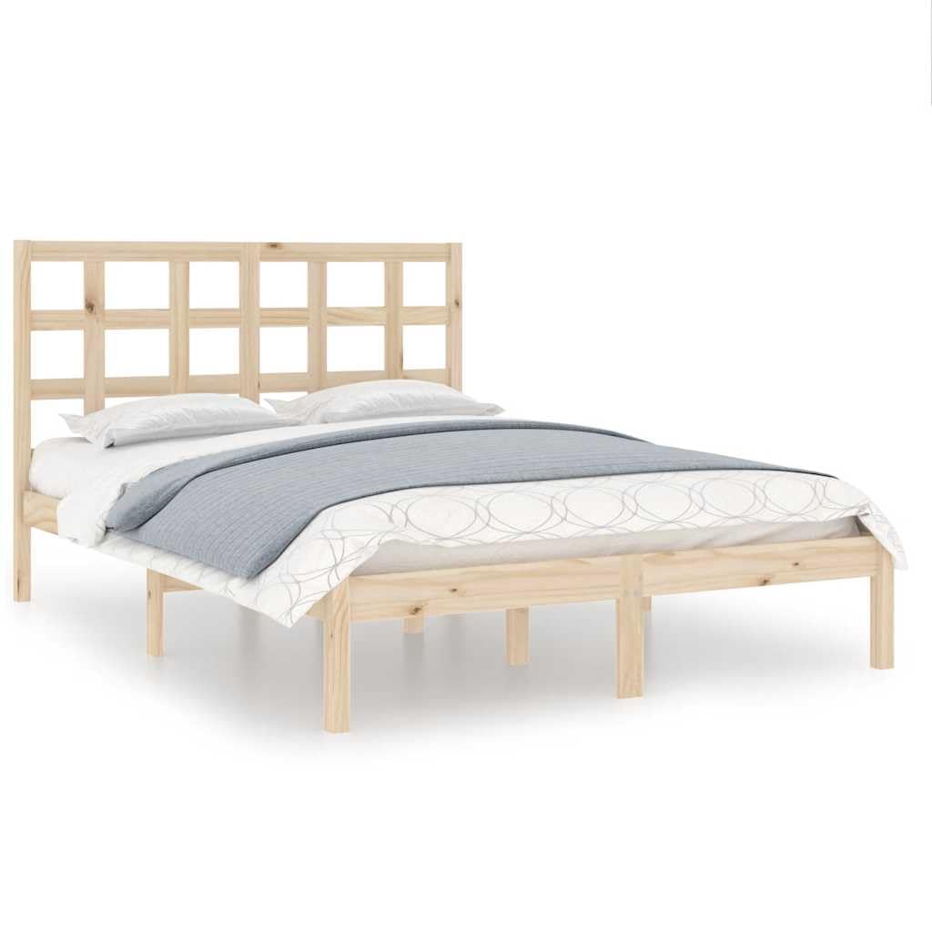 Lite sosnowe drewno Klasyczny zagłówek Standard 135x190 cm Brąz | Rama łóżka lite drewno sosnowe 135x190 cm podwójna z zagłówkiem solidna konstrukcja