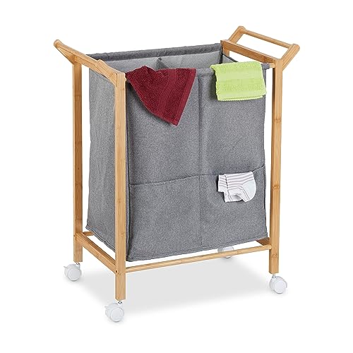 Panier à linge double compartiment 80l avec support bambou et roulettes - 2