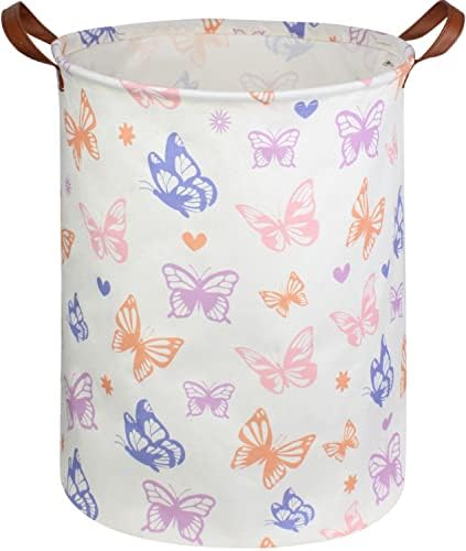 ESSME Girls Laundry Basket,Kids Hamper Collapsible Canvas Waterproof Butterfly Storage Basket for Girls Room Decor, Nursery Hamper,Gift Baskets,Home Organizer(Butterfly)