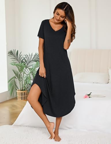 Marvmys Women Short Sleeves Long Nightgown Super Soft Sleepwear Comfy V Neck Cotton Nightshirts with Pocket3