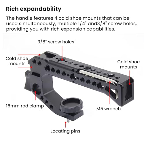 Image of Universal ARRI Rosette Camera Cage Handle - CNC Aluminum Top Handle with 1 /4 inch Threads & NATO Rails (YHP-04A)