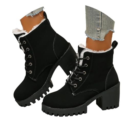 Generisch Botas de invierno de forro polar con suela gruesa 2024 para mujer en comercio exterior de talla grande con cordones de Europa y América, botines cálidos de tacón medio, Negro , 42 EU