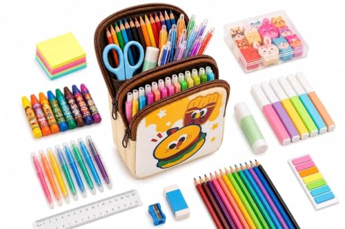 Image of Alokik Double Zipper Pencil Pouch for Kids | Large Capacity Stationery Organizer | Multi-Compartment Pencil Case for School, Office & Travel | Cute Food Theme Design (Burger Shop Pouch)