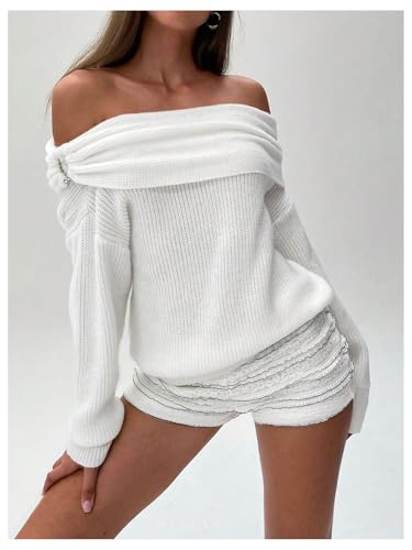 Image of GORGLITTER Women's Off The Shoulder Sweater Lantern Sleeve Ribbed Knit Trendy Pullover Tops White Small