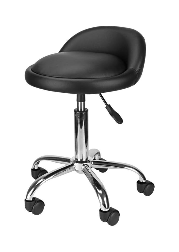 Black Adjustable Swivel Hydraulic Stool with Wheels, Rolling Cushion with back