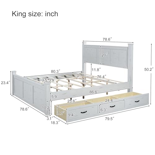 Farmhouse-Style-Wood-Panel-Bed-Frame-Four-Square-Poster-Bed-with-Three-Storage-DrawersKing-Ancient-White Farmhouse Style Wood Panel Bed Frame Four Square Poster Bed with Three Storage DrawersKing Ancient White