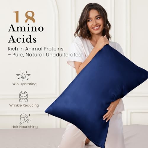 Image of THXSILK 25mm 100% Pure Mulberry 6A+ Silk Pillowcase for Hair & Skin with Zipper Closure, Cooling, Natural, Organic, Double Sided Silk Pillow Case with Gift Box(Navy Blue, Queen 20 inchx30 inch, 1pc)