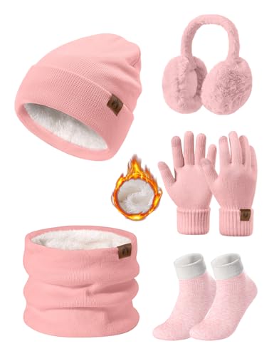 UMIPUBO Gorro cachecol e luvas conjunto 5 peças mulher inverno gorro conjunto chapéus cachecóis quente tela táctil luvas de orelha de pelúcia meias térmicas 5 peças conjunto, ROSA, Talla única
