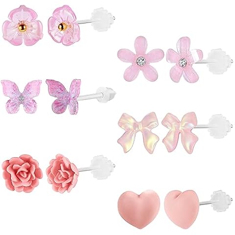AoedeJ 6 Pairs Flowers Plastic Earrings for Sensitive Ears Clear Earrings for Sports Plastic Post Earrings Invisible Earrings for Work (Pink) Cover