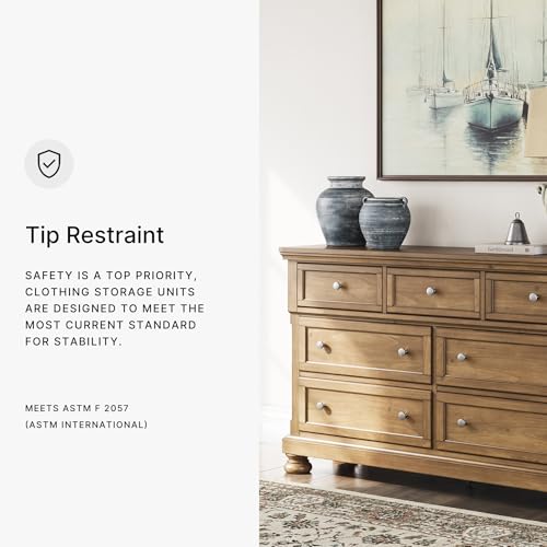 Image of Signature Design by Ashley Glarrison Dresser for Bedroom, 7 Drawer Dresser with Hidden Jewelry Tray, Poplar Solids Pine Veneer and MDF Substrate, Classic Master Suite Storage, Medium Brown