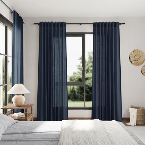 Image of Nanspring Vintage Blue Linen Curtains 108 Inches Long for Living Room Bedroom 2 Panels Set Extra Long Back Tab Drapes Light Filtering Semi Sheer Floor to Ceiling Curtain for Large Windows 52x108
