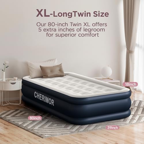 CHERIMOR Twin XL Air Mattress with Built-in Pump, 18" Raised Comfort, 80“ Length, 48Hr Leak-Proof Test, Upgraded Honeycomb Pillar Design, Supports 500 lbs, 2-Min Inflation for Home, Guests & Camping