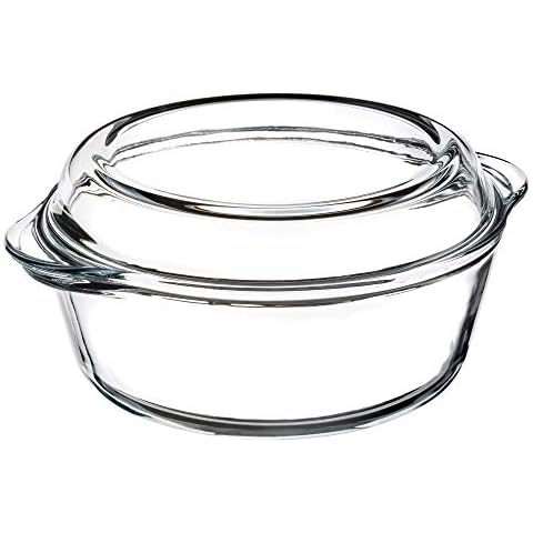 recus Glass Casserole with Lid, Transparent Glass Roaster Made of Heat Resistant Glass, Dish with Easy Grip Handles for Lasagne, Meat (Round, 3,1L) Cover