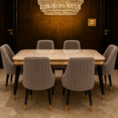 Image of WOODEN SPACE 6-Seater Wooden Dining Table Set | Nano Composite Marble Top | Solid Wood Base | Modern Dining Room Furniture with 6 Chairs (Brown Infinity Backline)