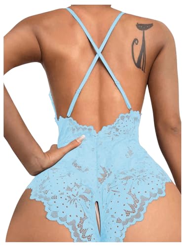 Image of SOLY HUX Women's One Piece Lingerie Sexy Lace Babydoll Deep V Teddy Criss Cross Backless Teddy Mini Bodysuit