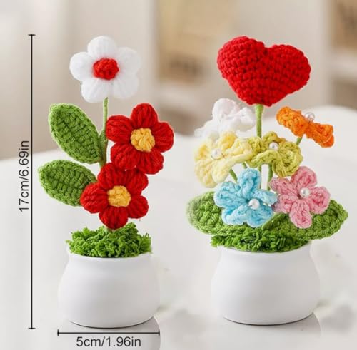 Image of VRB Dec Plastic TM 1 Pcs Crochet Flowers Artificial Daisy for Office Desk Car Dashboard Decor,Home Decoration, Office, Bedroom, Christmas Decor, Wedding,Diwali. (Triple Red Daisy with Pot)