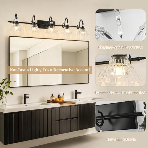 Image of Black Bathroom Vanity Light, 5-Light Matte Black Finish Farmhouse Wall Sconce with Hanging Crystal Accent and Flower-Shaped Clear Glass Shade, Wall Mount Vanity Light Over Mirror for Bathroom