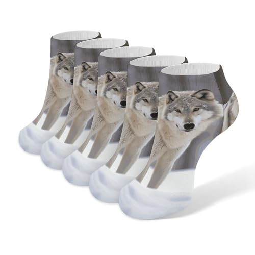 5 Pairs Womens Ankle Sock Wolf in The Snow Crew Socks Cotton Socks Mens Running Low Cut Breathable No Show Sock