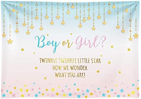 Funnytree 7x5ft Soft Fabric Pink and Blue Gender Reveal Party Backdrop Wrinkle Free Boy Or Girl Twinkle Twinkle Little Star Photography Background Photo Banner for Baby Shower Photobooth Cake Table