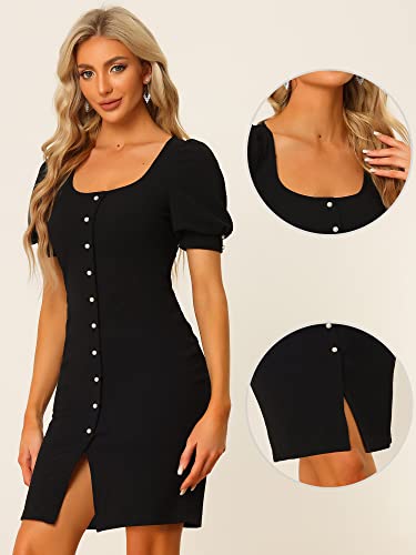 Allegra K Bodycon Short Sleeve Dress For Women's Button Decor Work Office Dress X-Small Black #TOP1