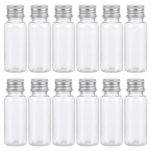 ASTRQLE 12Pcs Empty Refillable Clear Plastic Bottle with Aluminum Screw Cap,Tiny Jars,Travel Small Container (20ml)