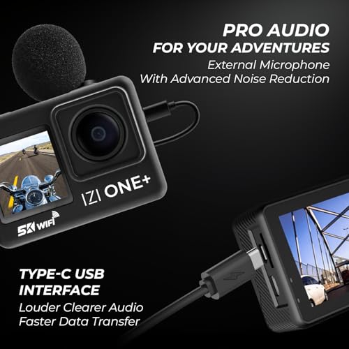 Image of IZI ONE Plus 5K 48MP Action Camera - 6-Axis Gyro Stabilization, 110ft Waterproof, Vlogging, 170 FOV, WiFi, Dual Touch Screen Video Camera, 2X 1350mAh Batteries, Fast C-Type Charge HQ External Mic.