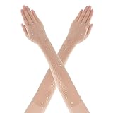 Rhinestone Long Fishnet Gloves Mesh Elbow Length Rave Gloves Bridal Glitter Fashion Opera Gloves for Party Halloween Costumes(Brown, One Size)