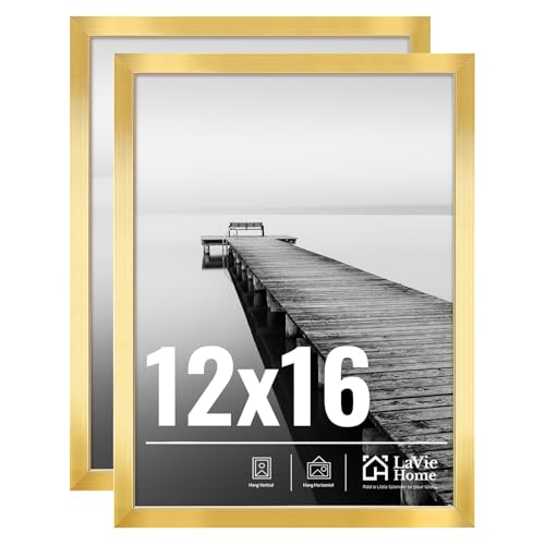 LaVie Home 12x16 Picture Frame for Wall Display 12x16 Gold Picture Frame with HD Plexiglas 12 x 16 Poster Frame 2 Pack Display Frame for Vertical or Horizontal Classic Collection