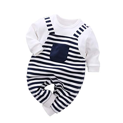 Beal Shopping - Mono de Manga Larga para bebé y niña, Estilo Correa de algodón, Falso, 2 Piezas, a Rayas - Blanco - 6-9 Meses
