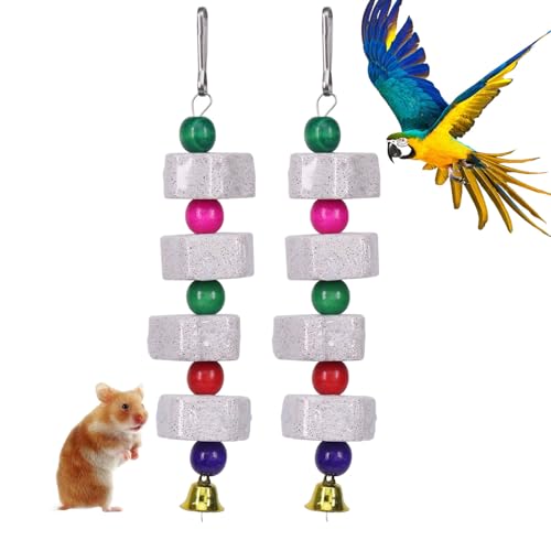 Srvauyea 2 Piezas Juguete para Masticar Pájaros, Juguetes Masticables de Loro, Piedra Molar Juguetes para Loros, Juguete Molar con Campana para Jaulas de Loros, Periquitos, Cacatúas, Conejos, Hámsters