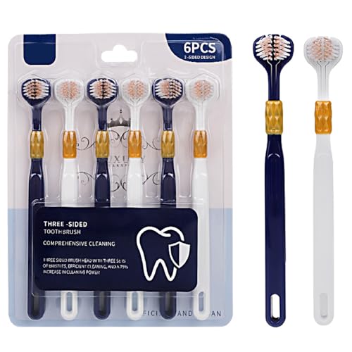 SHEWOQISU 6 Pcs 3-Sided Toothbrush Adult Toothbrushes Soft Brushed 3-Sided Cleaning Toothbrush (Dark Blue-White)