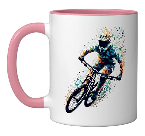 Polygon Art Mountain Biking MTB Bike Cycling Cyclist Ceramic Mug, Pink/White