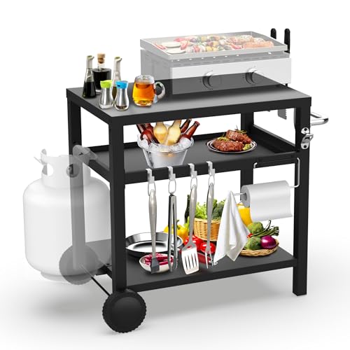 Image of BBQCuker 29.5''x19.6'' Outdoor Grill Cart, Pizza Oven Table Stand, 3-Shelves Food Prep Table for Ninja Woodfire, Ooni Pizza Oven, 17'' & 22'' Blackstone Griddle, Grill Stand for Picnic, Camping