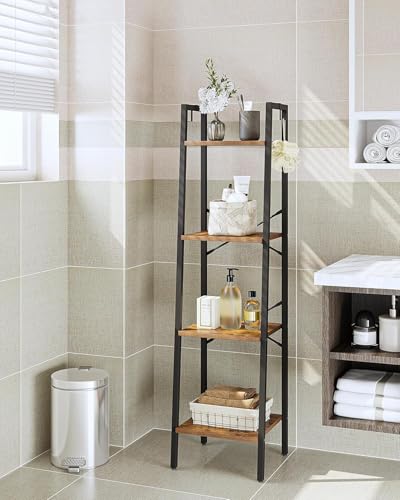 Image of Hzuaneri 4-Tier Ladder Shelf, Narrow Bookshelf, Freestanding Bookcase, Corner Storage Shelves with 2 Hooks for Home Office, Living Room, Kitchen, Bedroom, Industrial, Rustic Brown and Black BC13201B
