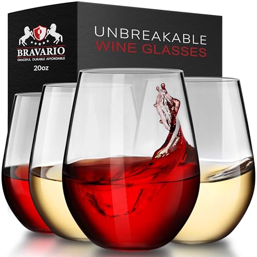 Image of Bravario Unbreakable Stemless Plastic Wine Glasses | Reusable | Shatterproof 100% Tritan Plastic | Dishwasher-Safe | BPA-free | Awesome for Indoor & Outdoor | 20 oz, Set of 4