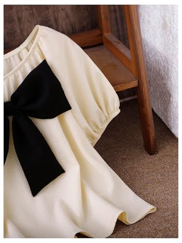 SweatyRocks Girl's Short Sleeve Shirts Summer Crewneck Tops Casual Cute Bow Puff Sleeve Blouses4