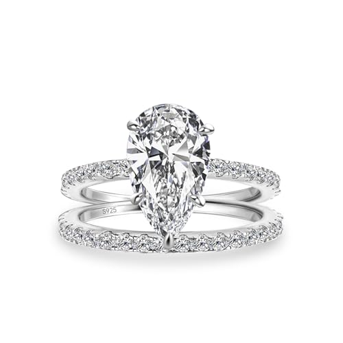 3.0CT Pear Cut Wedding Ring Set for Women, Sterling Silver Bridal Engagement Rings with 5A CZ Simulated Diamond, S925 Stackable Promise Ring Set
