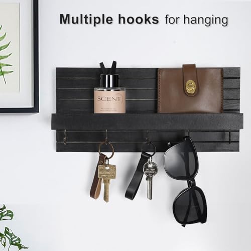 Decorative Key Holder for Wall with Shelf, Entryway Shelf with Hooks Holds Leashes, Jackets and Glasses – Sturdy Wood Keyholder Entrance Hanger with Mounting Hardware (Black) - Image 4